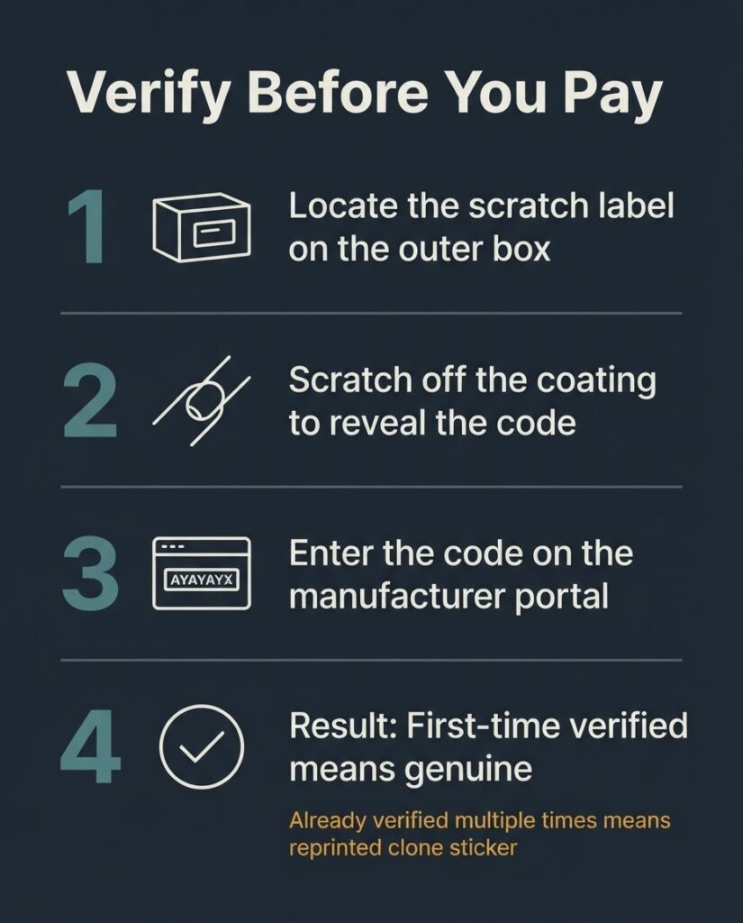 four-step scratch code authentication process for vape hardware - locate label, scratch, enter code, read result