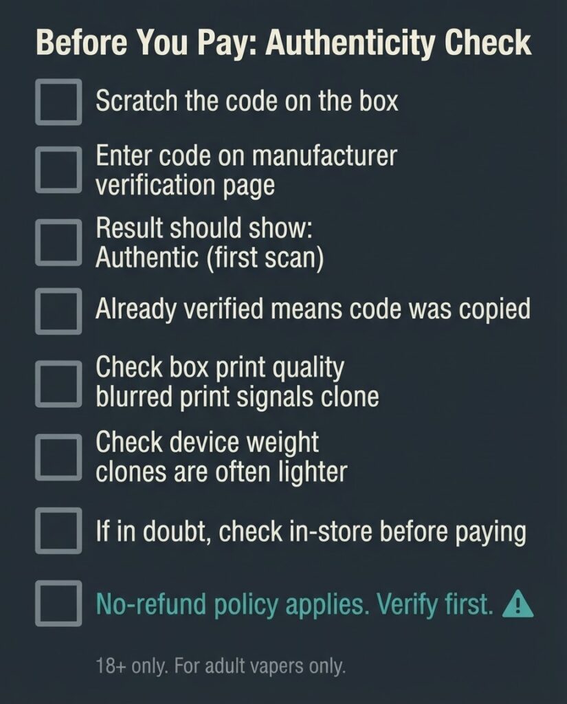 Vape authenticity verification checklist for Bangladesh buyers: scratch-off code, manufacturer verification page, box print quality, and weight inspection steps