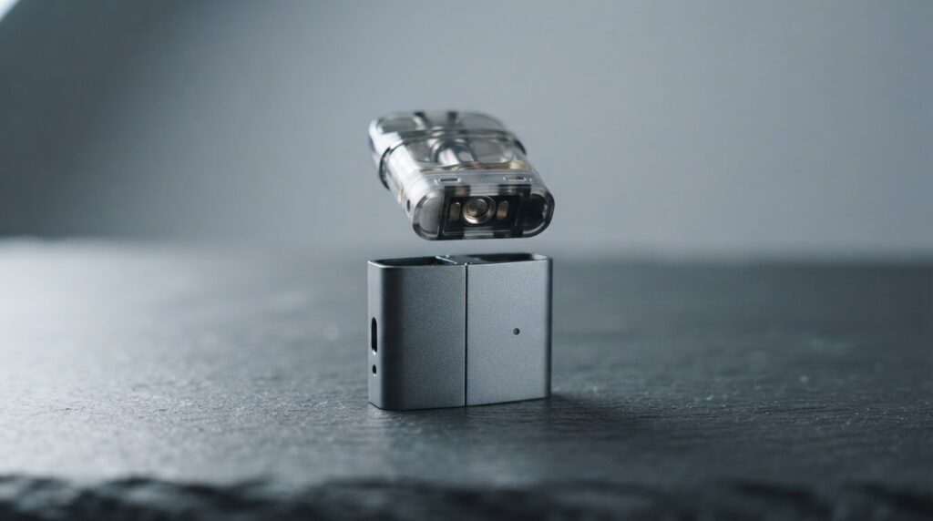 How to Spot Fake Vape Hardware Before the Sale Is Final close-up of genuine pod system seam alignment and coil seat showing flush panel joins and correct coil fitment