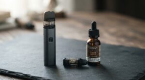 vaping culture Bangladesh adult pod system device on slate surface with replacement coil and e-liquid bottle showing verified packaging