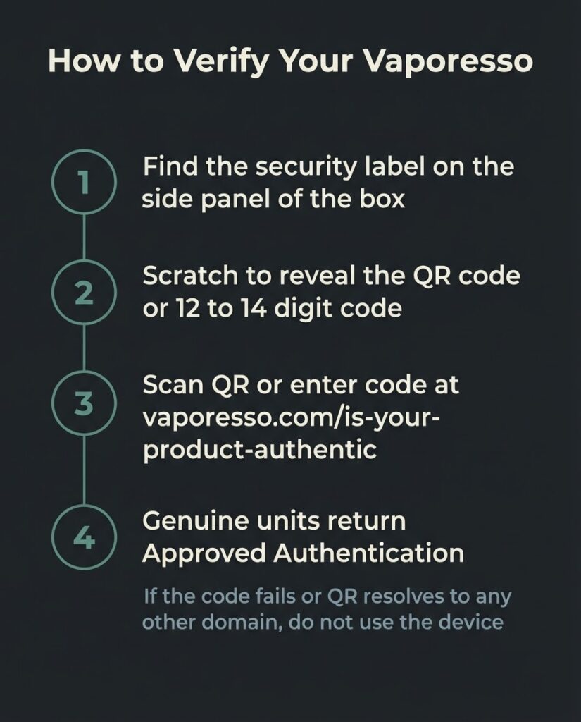 Luxe XR Max vs Max 2: Do Not Upgrade Until You Read This Step by step Vaporesso authenticity verification checklist showing security label location, QR scan, and screen boot check