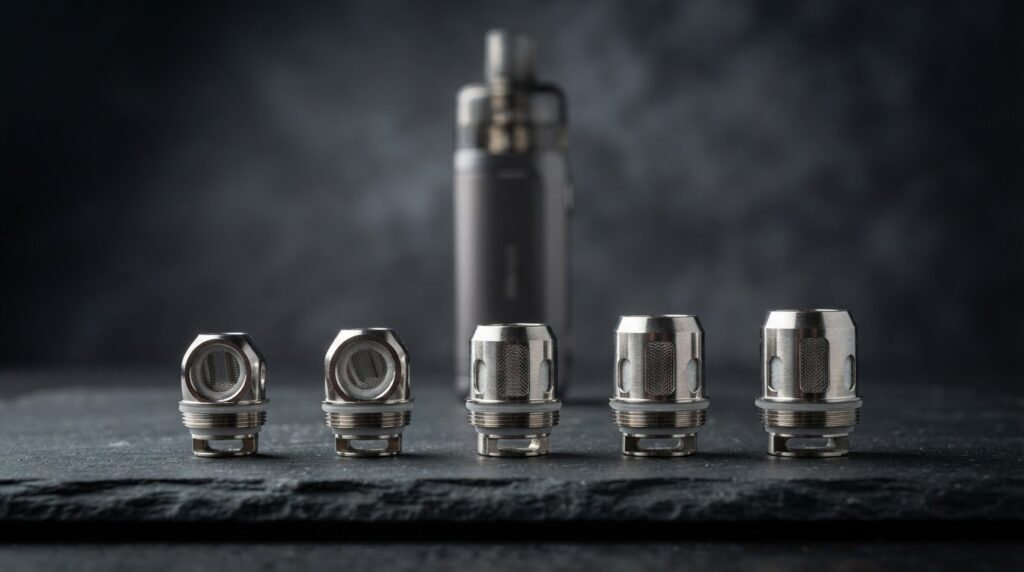 Vaporesso GTX coil guide -- five GTX mesh coils arranged in a row by resistance on a deep slate surface, from 0.15 ohm to 1.2 ohm, with a Vaporesso GTX ONE kit behind them in soft focus