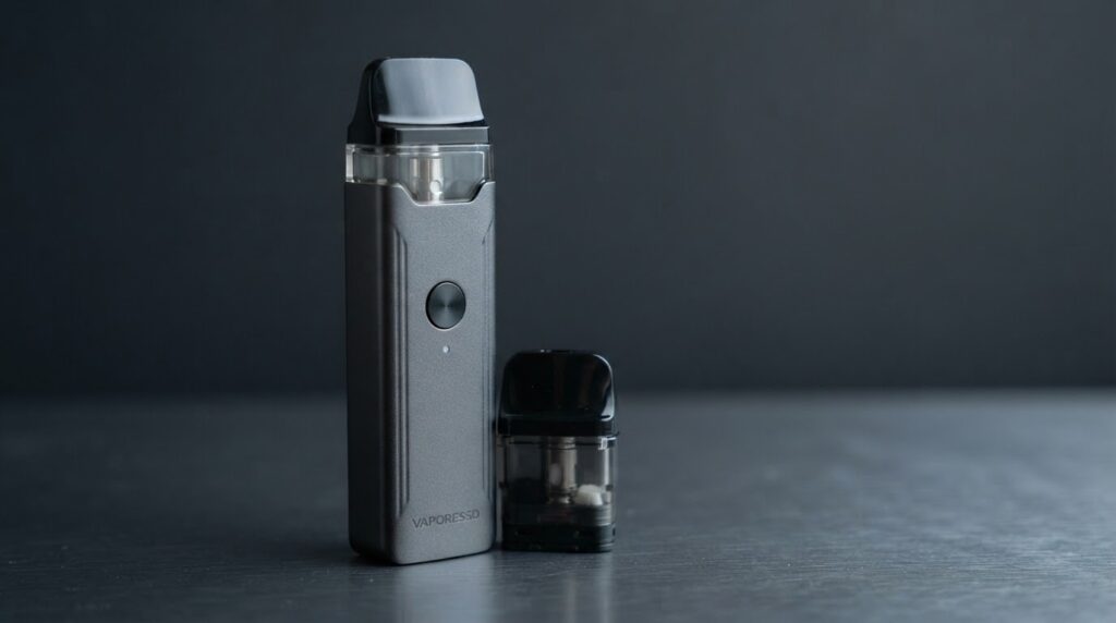 Vaporesso XROS 5 Mini review pod kit in matte black finish on deep slate surface with XROS 0.8 ohm pod alongside