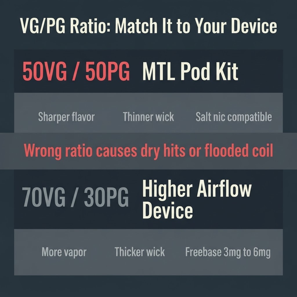 The Wrong Flavor Choice Bangladeshi Vapers Make First VG PG ratio pairing matrix showing 50VG 50PG for MTL pod kits and 70VG 30PG for higher-airflow devices with flavor and wicking trade-offs
