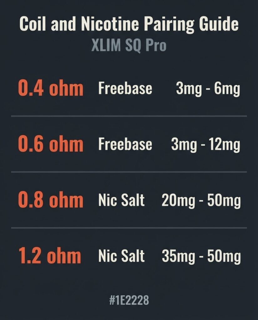 Oxva Xlim SQ Pro Review: Do Not Buy the Wrong Coil Nicotine strength and coil pairing guide for the XLIM SQ Pro showing which resistance to use with freebase or salt nicotine at each concentration
