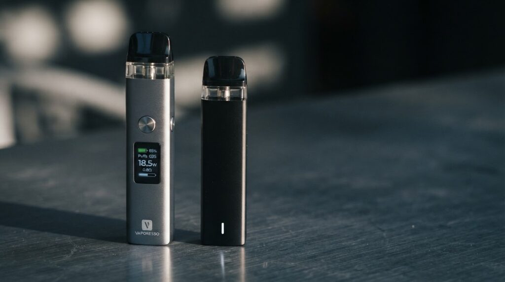 Vaporesso XROS 5 vs XROS 5 Mini side by side on slate surface showing screen and no-screen design difference