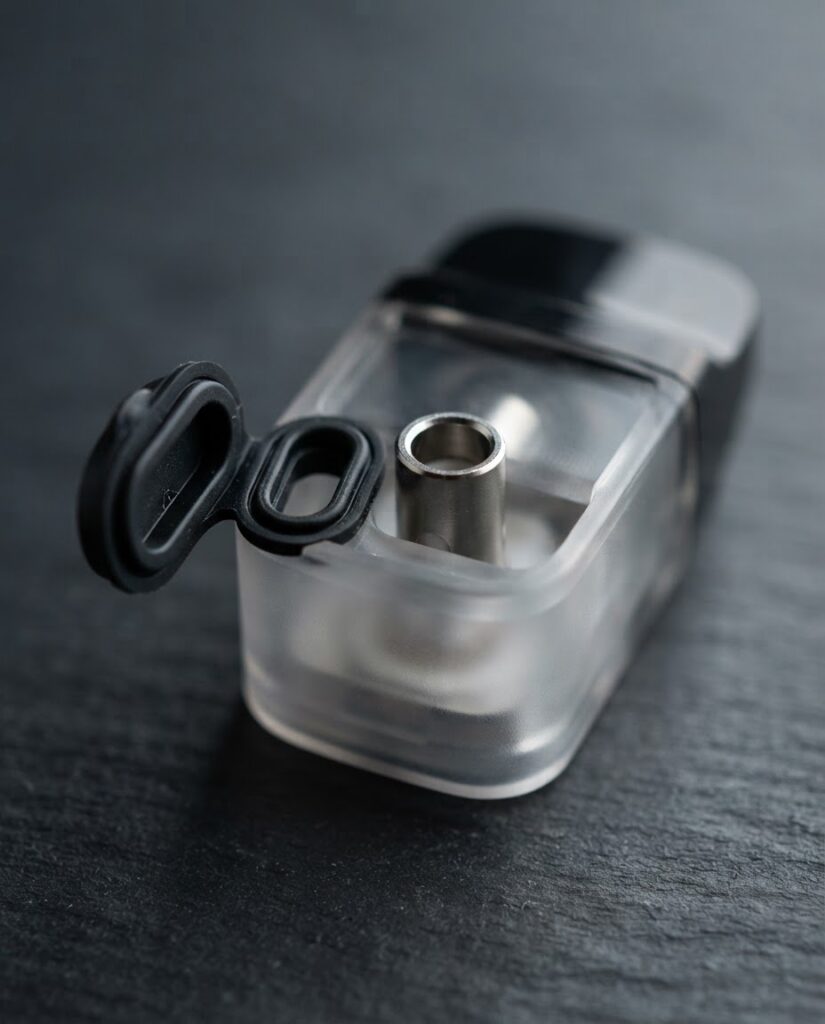 Vaporesso XROS pod top-fill port open showing correct liquid fill angle and central airflow chimney to avoid when refilling