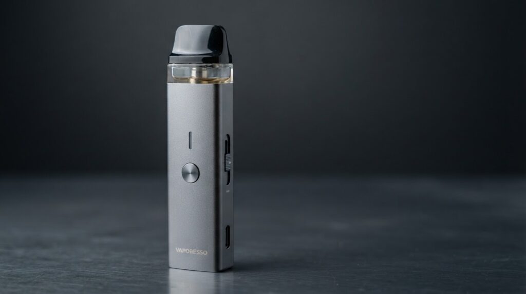 Vaporesso XROS 4 review -- Space Grey aluminum alloy pod kit with 3ml top-fill pod on deep slate studio surface