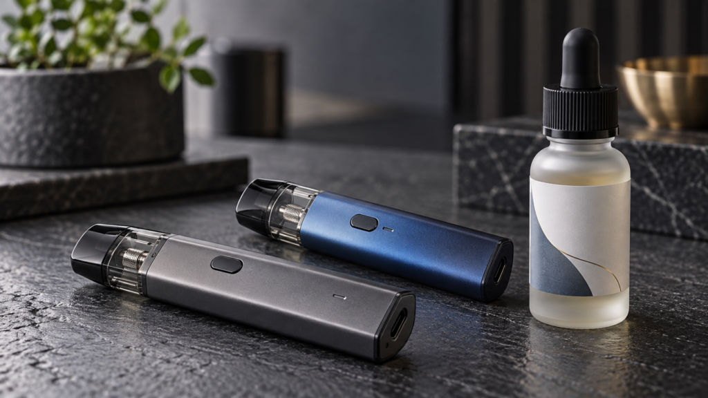 A close-up photograph of a genuine, premium black anodized metal pod system vape device and a frosted glass bottle of high-quality nicotine salt e-liquid, showcasing authentic hardware details from official distributor KandyVape in Dhaka.