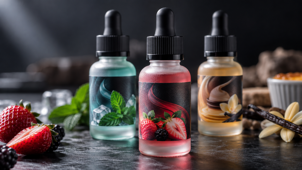 Doozy nic salt flavor guide featuring genuine 10mg and 20mg salt e-liquid bottles arranged on a dark slate studio surface