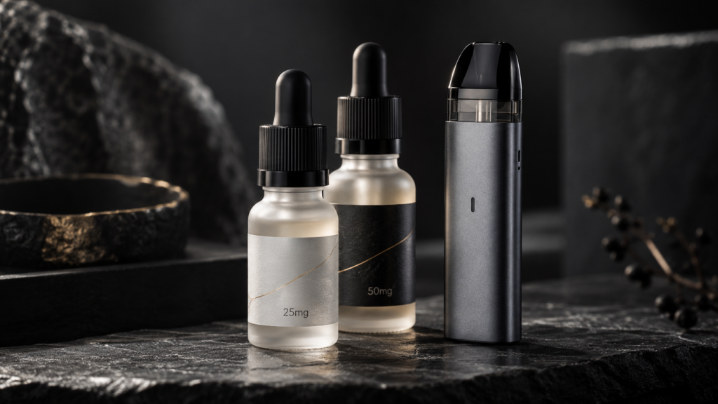 Nic salt 25mg vs 50mg e-liquid bottles beside a compact MTL pod system on a dark slate studio surface — authentic stock at KandyVape Dhaka
