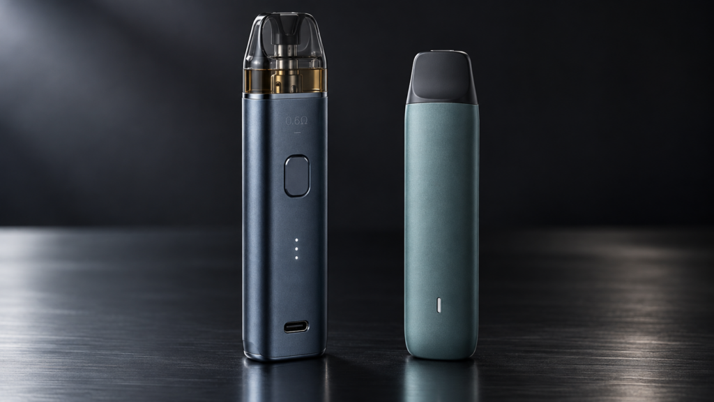 Pod kits vs disposables cost comparison: an authentic refillable pod system beside a disposable vape on a dark slate studio surface, KandyVape Bangladesh