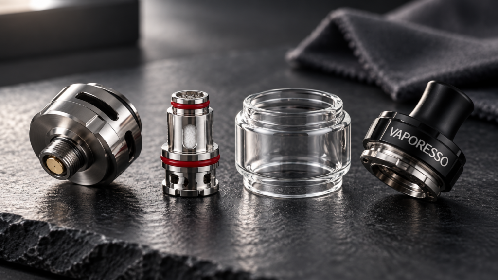 A professional studio macro photograph of a disassembled genuine Vaporesso vape tank and coil arranged neatly for a maintenance routine on a dark slate surface.