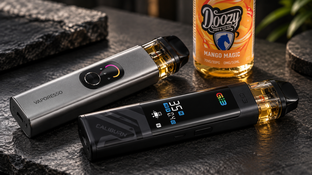 A hyper-realistic close-up studio photograph of a pristine Vaporesso XROS 4 pod system and a Uwell Caliburn G3 device resting on a dark slate surface, representing genuine hardware maintained to prevent a burnt coil taste.