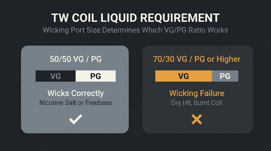 Voopoo PnP TW Coil Guide: Verified Specs for Dhaka Buyers Infographic showing VG/PG ratio compatibility for Voopoo PnP TW coils with 50/50 labelled as correct and 70/30 labelled as incorrect due to wicking failure